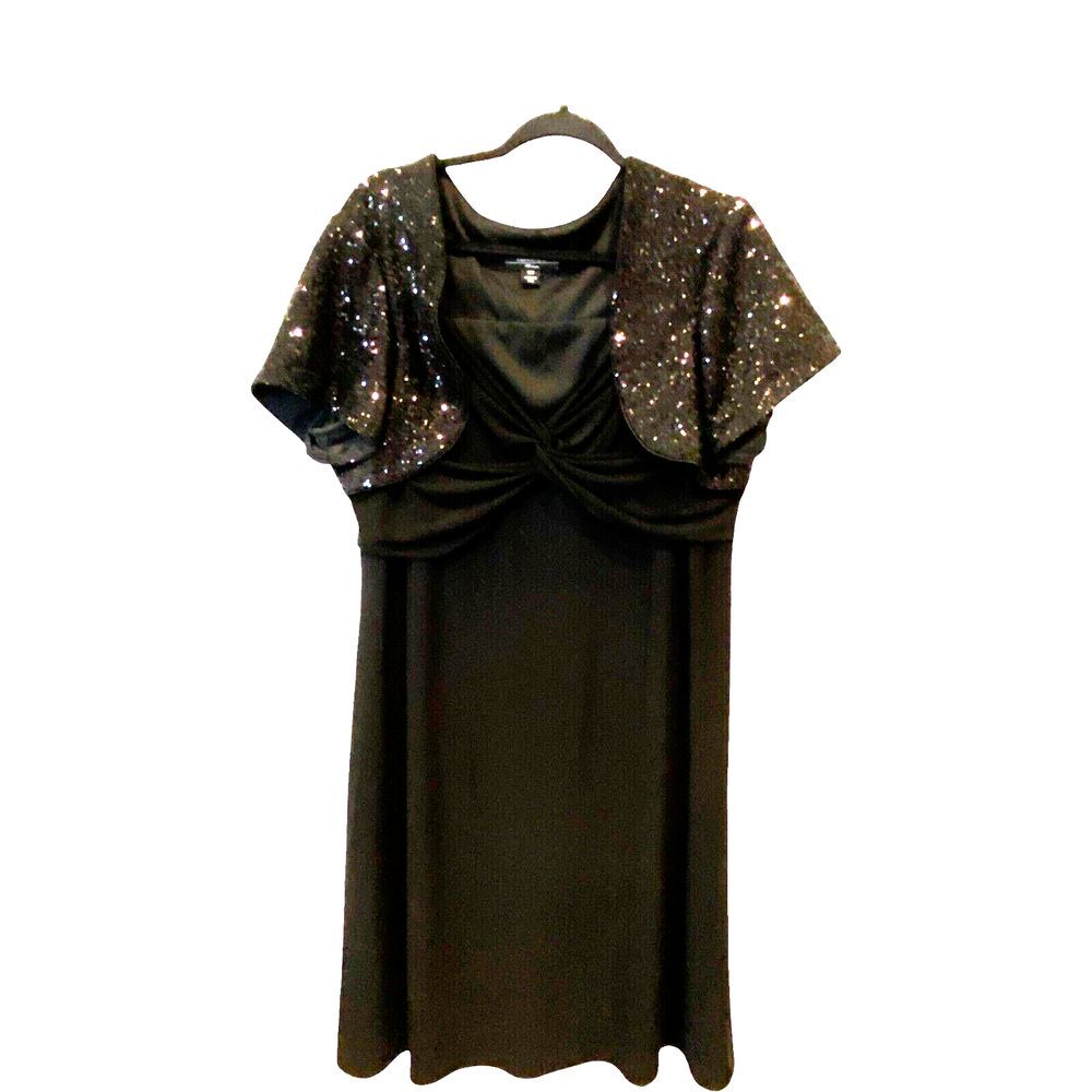 R&M Richards Sheath Dress V Neck Brown Womens Size 16W Sequin Pleated Cocktail